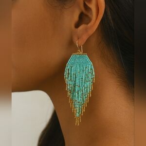 Turquoise and Gold Beaded Fringe Earrings